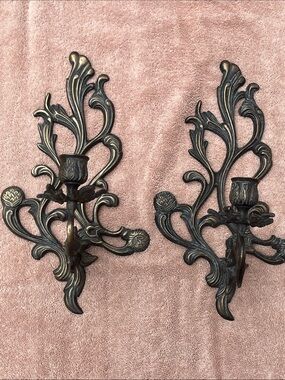 Vintage Ornate Heavy Antique Brass Wall Candle Sconces Pair